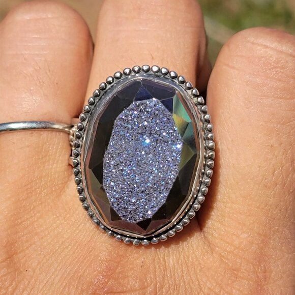 Designer Colleen Lopez purple flashy druzy 925 sterling silver heavy ring adjust - Picture 16 of 16